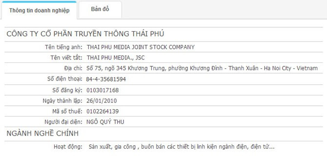 Truyền thông Thái Phú là ai? Theo nguồn tin mà BizLIVE tiếp cận được, Công ty cổ phần Truyền thông Thái Phú có địa chỉ trụ sở chính tại số 75, ngõ 345 Khương Trung, phường Khương Đình, quận Thanh Xuân, Hà Nội, đăng ký kinh doanh lần đầu ngày 17/5/2007. Thông tin về Thái Phú trên Vietnam Credit Một trong những ngành nghề kinh doanh mà công ty này đăng ký là sản xuất, gia công, buôn bán, cung cấp dịch vụ phần mềm máy tính, viễn thông, điều khiển. Như vậy, Thái Phú có chức năng sản xuất phần mềm, ứng dụng cho điện thoại di động. Vốn điều lệ của Thái Phú tính đến 12/10/2010 là 3 tỷ đồng, với 3 cổ đông sáng lập là Nguyễn Thị Thái (50%), Phạm Thị Thoa (45%) và Ngô Quý Thu (5%). Người đại diện theo pháp luật của Thái Phú là ông Ngô Quý Thu, có địa chỉ chỗ ở cùng địa chỉ với trụ sở công ty.