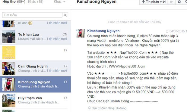 Bên phải là nội dung một tin nhắn trong khi bên trái là hàng loạt tin nhắn khác đã được gửi