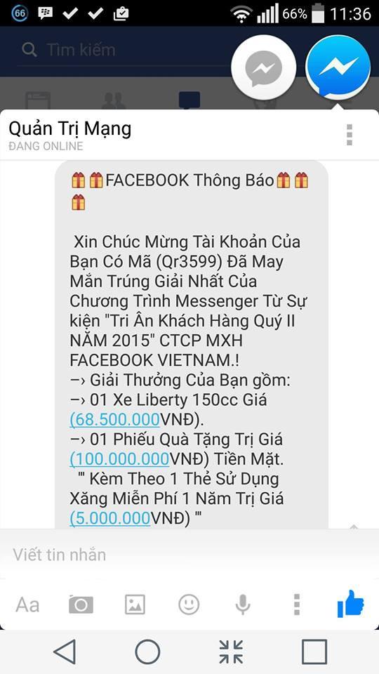 Một tin nhắn lừa đảo trúng thưởng điển hình qua mạng xã hội Facebook.
