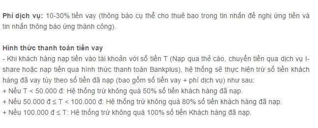 Phí dịch vụ ứng tiền của Viettel là 10-30% - Ảnh chụp màn hình