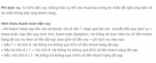 Phí dịch vụ ứng tiền của Viettel là 10-30% - Ảnh chụp màn hình