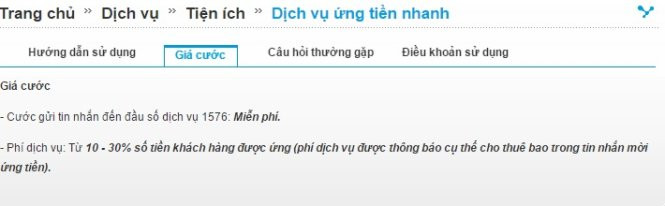 Phí ứng tiền của Vinaphone là 10-30% - Ảnh chụp màn hình