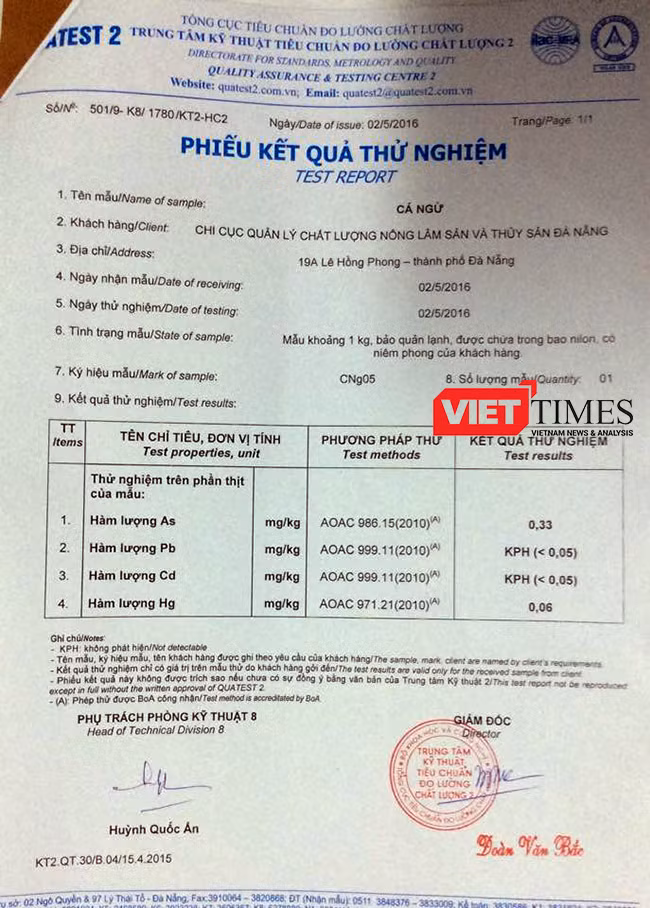 Phiếu kiểm nghiệm mẫu cá, cơ sở kết luận 