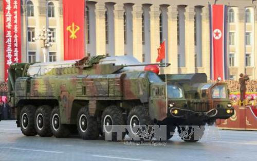 Tên lửa Musudan tham gia lễ duyệt binh ở Bình Nhưỡng tháng 10/2015. Ảnh: Kyodo/TTXVN