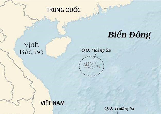 Bản đồ Vịnh Bắc Bộ và quần đảo Hoàng Sa trên Biển Đông. Giàn khoan HD-981 của Trung Quốc đang hoạt động ngoài cửa Vịnh Bắc Bộ - Đồ họa:WSJ