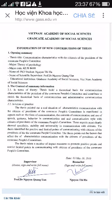 Bản tóm tắt tiếng Anh của luận án"Đặc điểm giao tiếp với dân của chủ tịch xã" được đăng trên webiste của Học viện Khoa học Xã hội