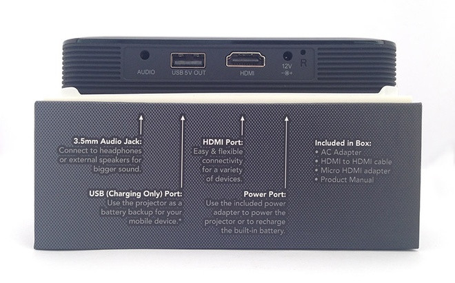 Bên trong máy chiếu có còn pin, cho phép trình chiếu liên tục trong 2 giờ mà không cần đến nguồn. Ngoài ra, nó còn có một cổng USB 5V giúp sạc cho các thiết bị di động. Bên trong máy chiếu có còn pin, cho phép trình chiếu liên tục trong 2 giờ mà không cần đến nguồn. Ngoài ra, nó còn có một cổng USB 5V giúp sạc cho các thiết bị di động.