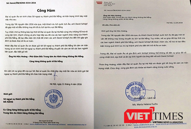  Công hàm cảm ơn của Đại sứ quán Áo đối với Sở Ngoại vụ Đà Nẵng, Cảng hàng không Sân bay quốc tế Đà Nẵng và cá nhân ông Hà Hữu Hoàng, Phó giám đốc Trung tâm An ninh hàng không Đà Nẵng. 