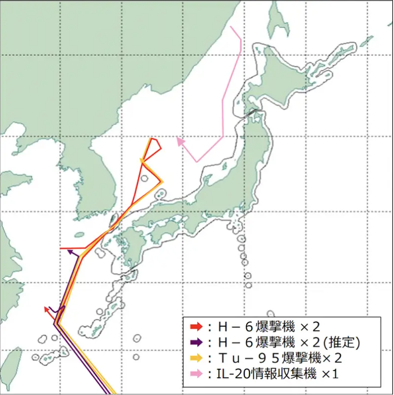 Bản đồ của Bộ Quốc phòng Nhật Bản về các chuyến bay quân sự của Nga và Trung Quốc trên Biển Hoa Đông và Biển Nhật Bản vào ngày 24/5/2022 (Ảnh: Business Insider)
