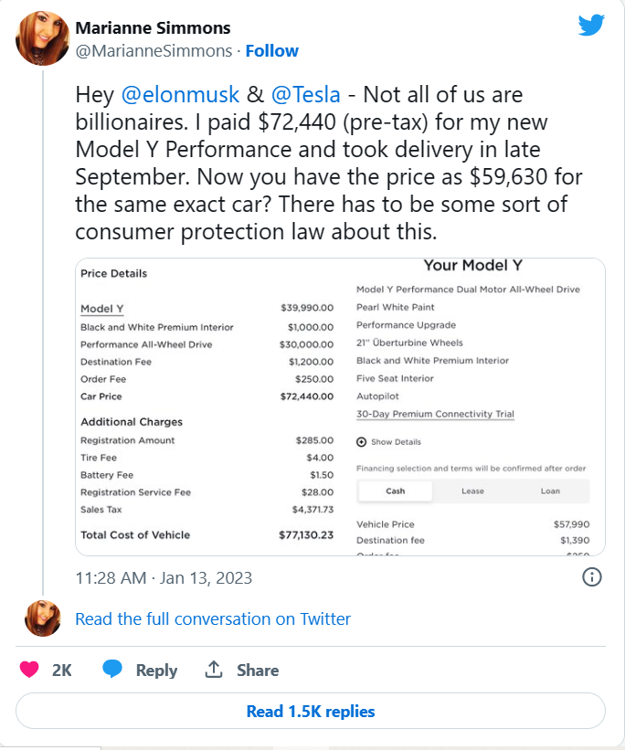 Một khách hàng tỏ ra bức xúc vì chiếc xe Tesla bị mất giá quá nhanh (Ảnh: Twitter)