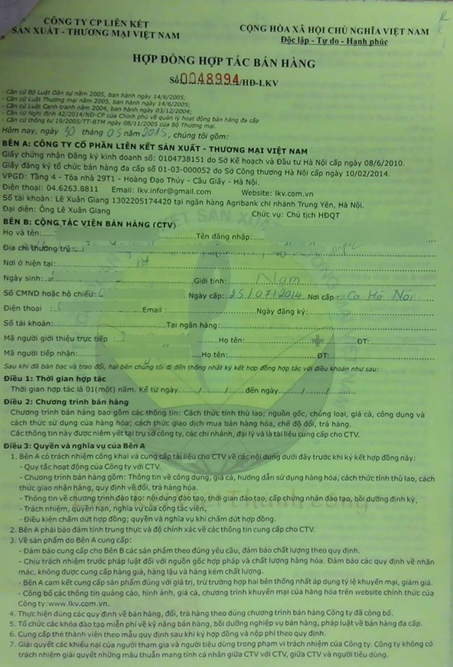 Một bản hợp đồng cộng tác viên của Liên kết Việt - Ảnh: otofun Một bản hợp đồng cộng tác viên của Liên kết Việt - Ảnh: otofun