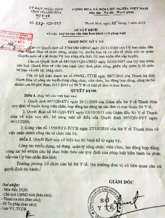 Quyết định hủy bỏ các quyết định tuyển dụng sai quy định do Giám đốc Sở Y tế Thanh Hóa ban hành