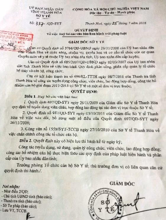 Quyết định hủy bỏ các quyết định tuyển dụng sai quy định do Giám đốc Sở Y tế Thanh Hóa ban hành