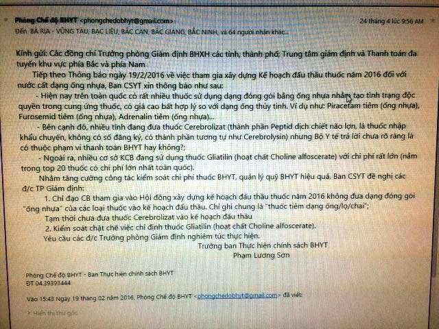 Một trong những email chỉ đạo ngầm của Phó giám đốc BHXHVN Phạm Lương Sơn