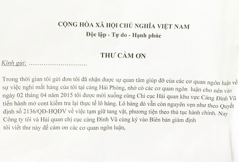 “Thư cảm ơn” do ông Hùng hướng dẫn chị Thoa viết.