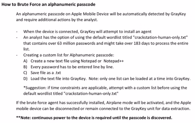 Đoạn hướng dẫn sử dụng GrayKey bị rò rỉ trên mạng (Ảnh: Apple Insider)