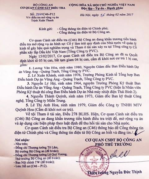 Thông báo của cơ quan Cảnh sát Điều tra - Bộ Công an