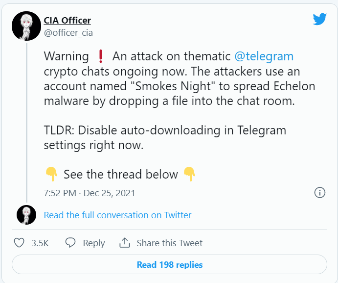 Bài đăng cảnh báo về một loại phần mềm độc hại mới có tên "Smokes Night: (Ảnh: Twitter) Bài đăng cảnh báo về một loại phần mềm độc hại mới có tên "Smokes Night: (Ảnh: Twitter)