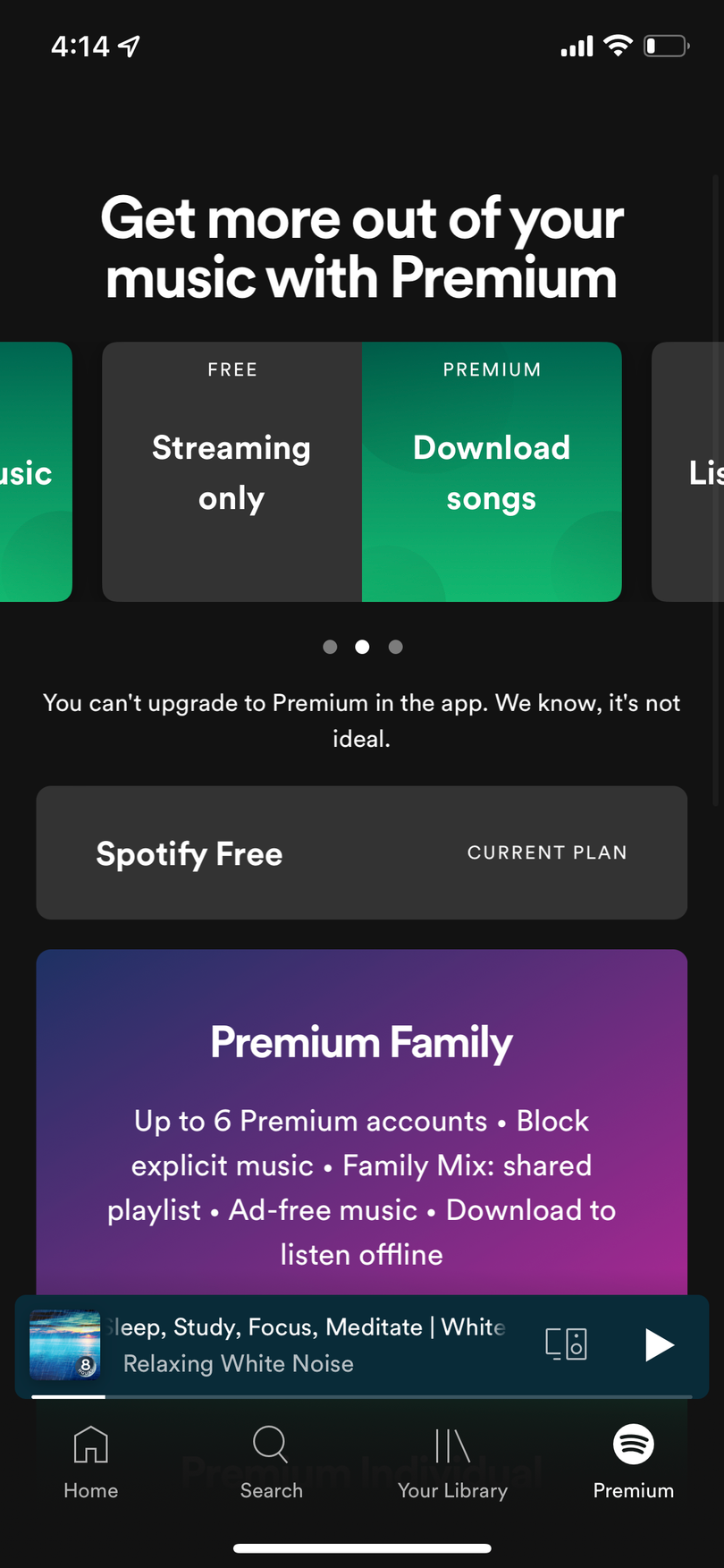Spotify không tích hợp tùy chọn nâng cấp lên gói premium trên iPhone để tránh phí cắt giảm từ App Store (Ảnh: The Next Web) Spotify không tích hợp tùy chọn nâng cấp lên gói premium trên iPhone để tránh phí cắt giảm từ App Store (Ảnh: The Next Web)