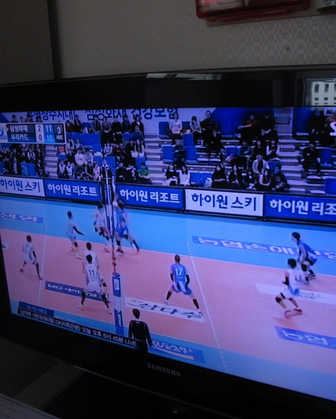 TV chiếu một trận bóng chuyền, xem một lúc tôi mới nhận ra đây là đội nữ Samsung Insurance. 