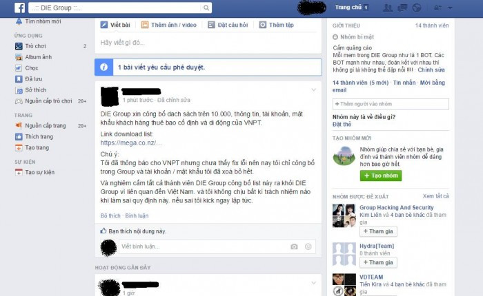 Nhóm DIE Group công khai danh sách 50.000 khách hàng của VNPT trên trang Facebook của mình.