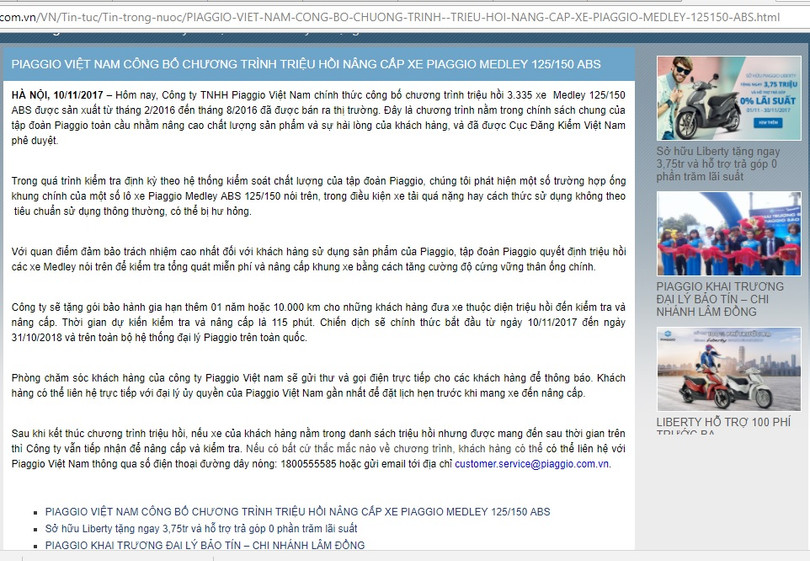 Piaggio Việt Nam đang triệu hồi nâng cấp 3.335 sản phẩm lỗi ảnh 1