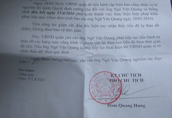 Văn bản đốc thúc đại gia vàng tháo dỡ biệt phủ do Phó chủ tịch UBND Q.Liên Chiểu ký.