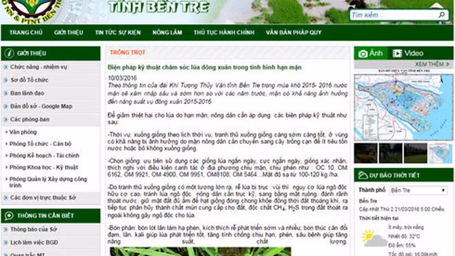 Màn hình chụp lại website Sở Nông nghiệp và phát triển nông thôn Bến Tre ngày 21-3, với bản tin “Biện pháp kỹ thuật chăm sóc lúa đông xuân trong tình hình hạn mặn”, khi mà hầu hết diện tích lúa của Bến Tre đã mất trắng.
