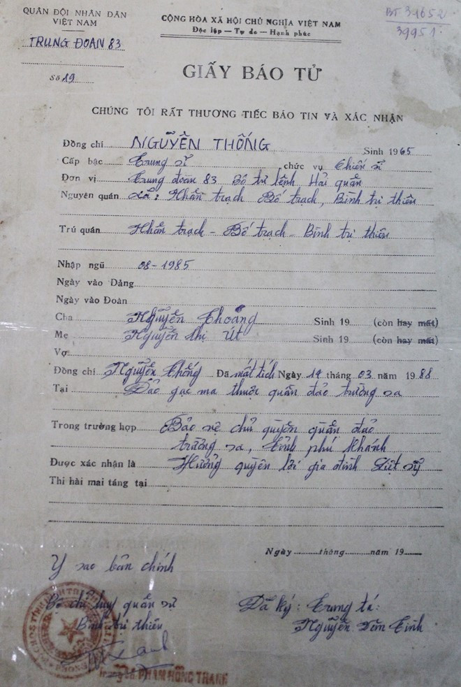 Giấy báo tử của cựu binh Nguyễn Văn Thống.
