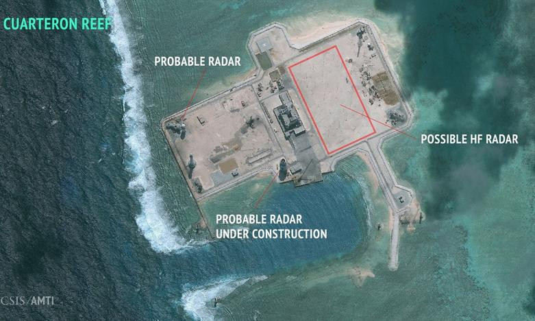 rung Quốc xây dựng phi pháp trạm radar cao tần ở đá Châu Viên thuộc quần đảo Trường Sa của Việt Nam. Ảnh do AMTI của cơ quan nghiên cứu CSIS Mỹ công bố ngày 22/2/2016.
