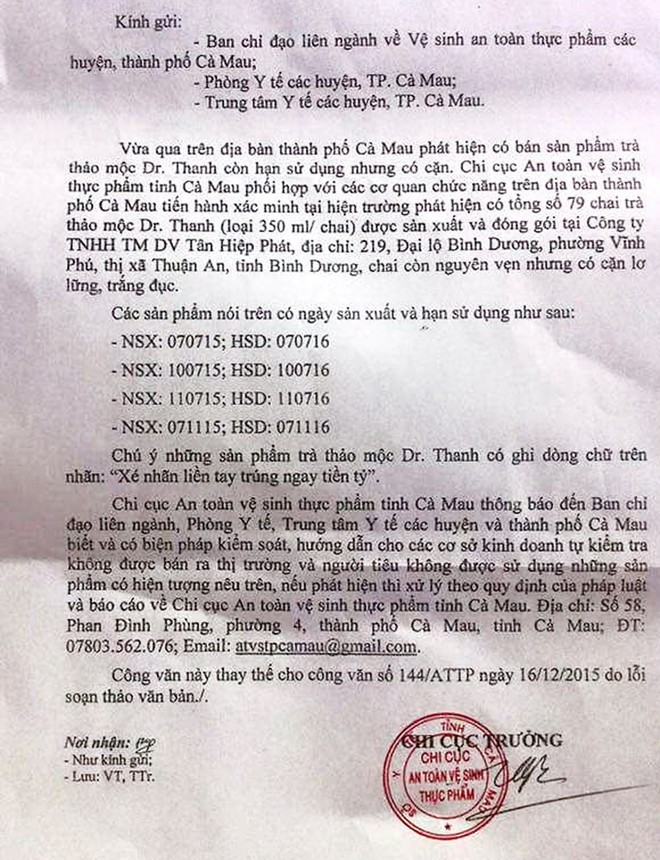 Công văn củaChi cục An toàn vệ sinh thực phẩm Cà Mau. Ảnh:CTV. Công văn củaChi cục An toàn vệ sinh thực phẩm Cà Mau. Ảnh:CTV.