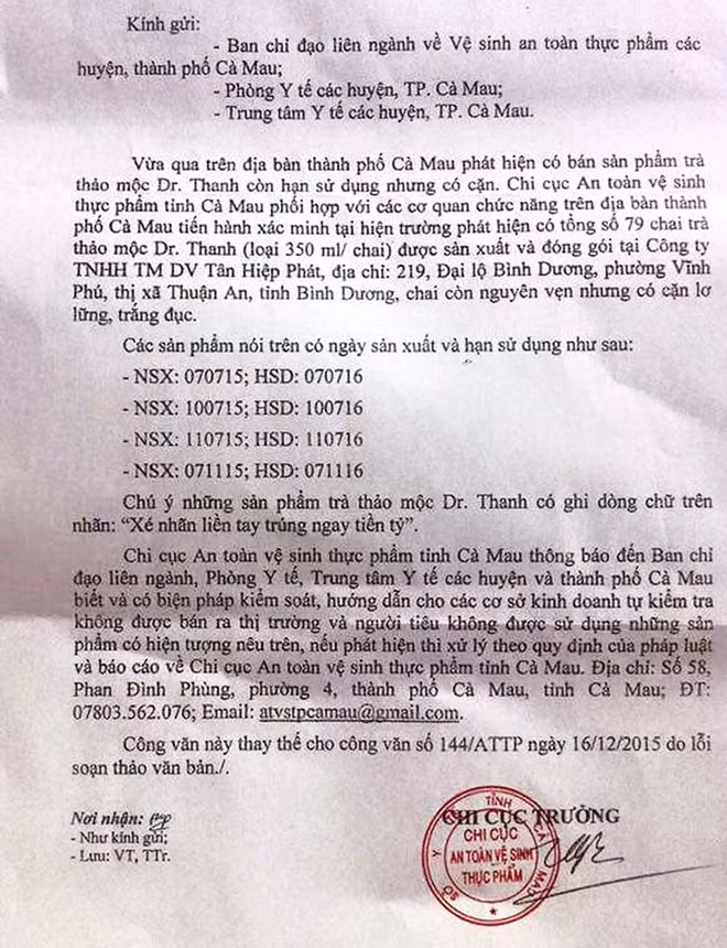Công văn củaChi cục An toàn vệ sinh thực phẩm Cà Mau. Ảnh:CTV. Công văn củaChi cục An toàn vệ sinh thực phẩm Cà Mau. Ảnh:CTV.