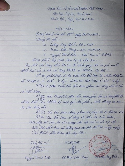 Biên bản xác minh sự việc do hải quân trên đảo Sơn Ca lập- Ảnh: Lê Đình Dũng.