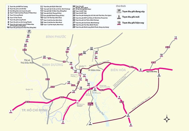 Trạm thu phí dày đặc ở khu vực Đông Nam bộ - Đồ họa:Vĩ Cường.