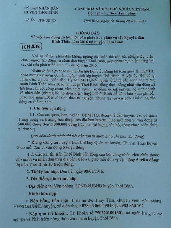 Thông báo “khẩn” của UBND huyện Thới Bình, tỉnh Cà Mau