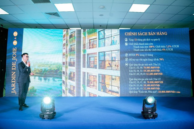 Đại diện chủ đầu tư chia sẻ thông tin về dự án và phát biểu tri ân khách hàng đã lựa chọn Le Grand Jardin là chốn an cư lý tưởng của gia đình.