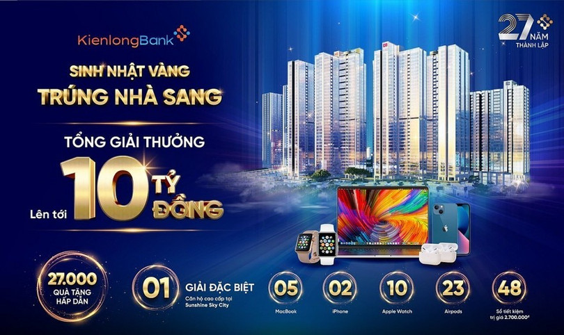 Không chỉ tăng mạnh lãi suất, KienlongBank còn tung ra 27.000 giải thưởng nhân dịp Sinh nhật 27 năm.