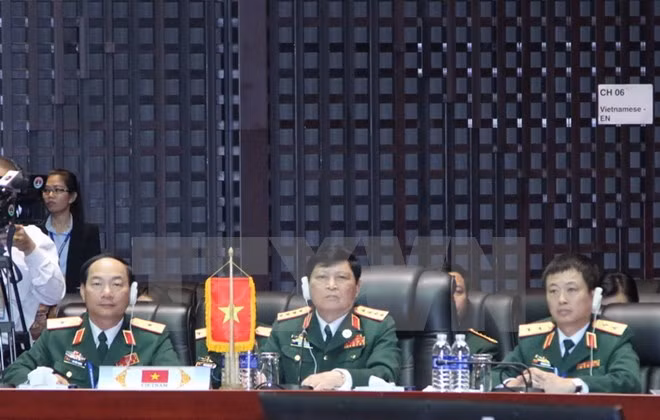 Đoàn đại biểu Quân sự cấp cao Việt Nam dự hội nghị Bộ trưởng Quốc phòng các nước thành viên ASEAN. (Ảnh: Nguyễn Chiến/TTXVN)