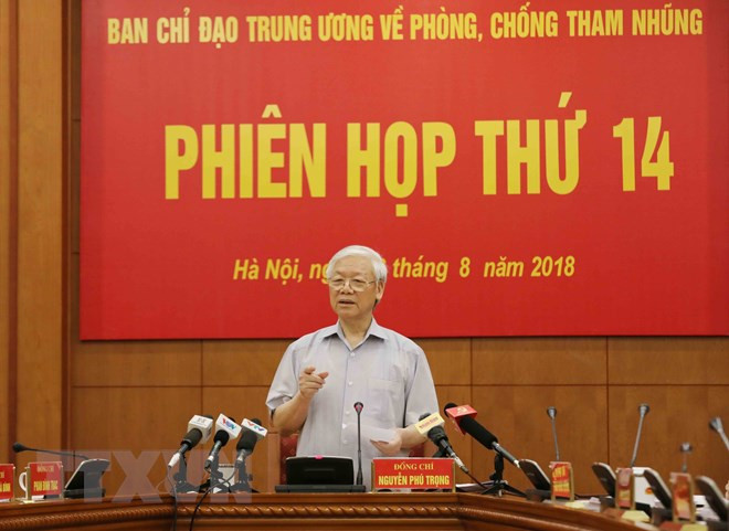 Tổng Bí thư Nguyễn Phú Trọng, Trưởng Ban Chỉ đạo Trung ương về phòng, chống tham nhũng phát biểu chỉ đạo Phiên họp. Ảnh: TTXVN