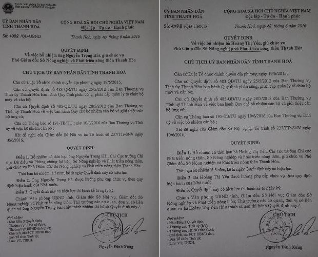 Hai quyết định bổ nhiệm Phó Giám đốc Sở NNPTNT của Thanh Hóa