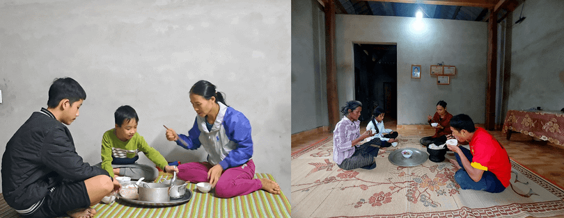 Mâm cơm của các gia đình tuy vẫn đạm bạc nhưng đã ấm áp và đủ đầy hơn trong căn nhà mới.