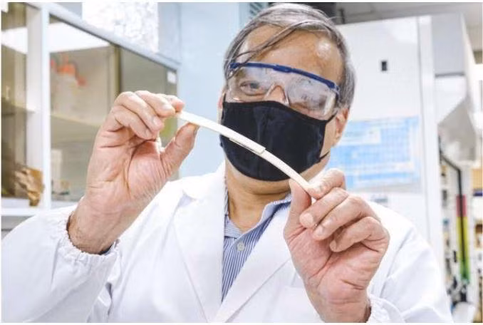 Giáo sư Raju NTU giữ và uốn hai miếng gỗ được liên kết ở giữa bằng keo từ tính, để chứng minh sức mạnh liên kết mạnh mẽ của nó (Ảnh: Phys)