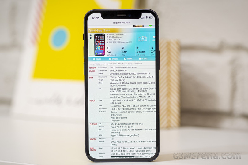 Diện tích màn hình của iPhone 12 Mini được Apple tối ưu tốt (Ảnh: GSM Arena)