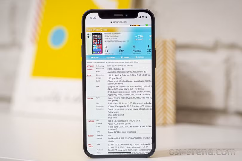 Diện tích màn hình của iPhone 12 Mini được Apple tối ưu tốt (Ảnh: GSM Arena)