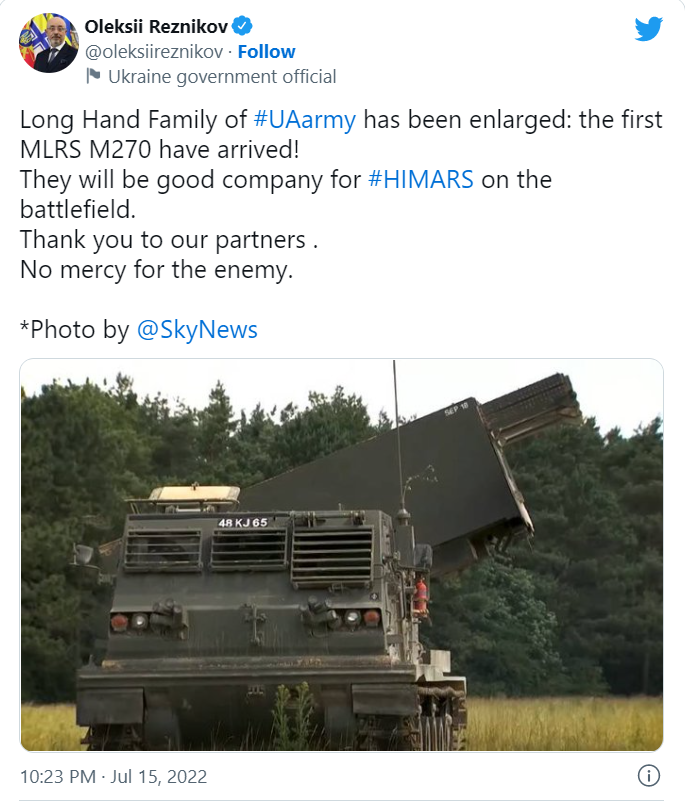 Bài đăng trên Twitter của Bộ trưởng Quốc phòng Ukraine - Oleksii Reznikov vào hôm qua (Ảnh: The Drive) Bài đăng trên Twitter của Bộ trưởng Quốc phòng Ukraine - Oleksii Reznikov vào hôm qua (Ảnh: The Drive)