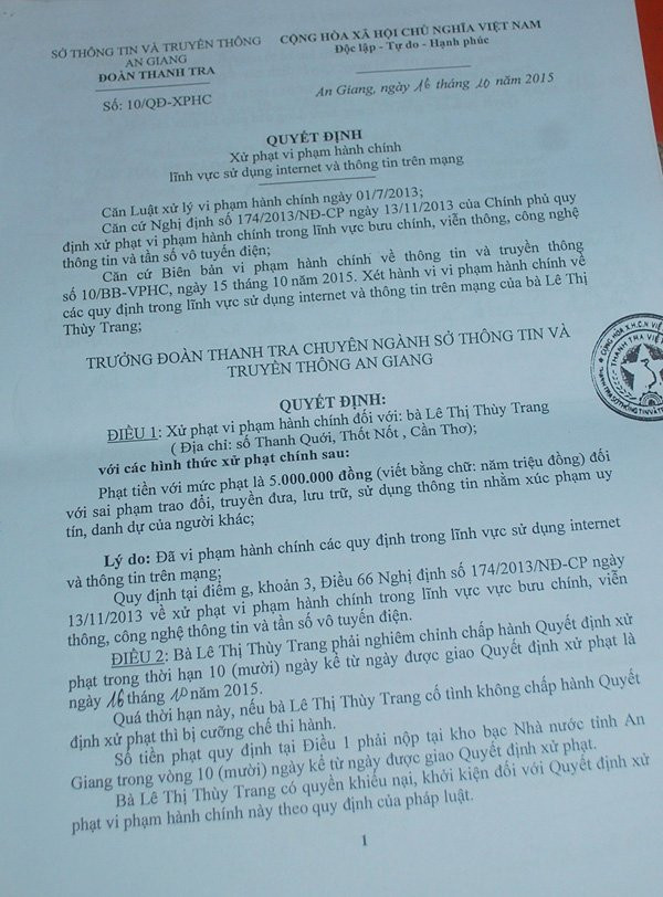 Quyết định xử phạt của Sở TT&TT tỉnh An Giang Quyết định xử phạt của Sở TT&TT tỉnh An Giang