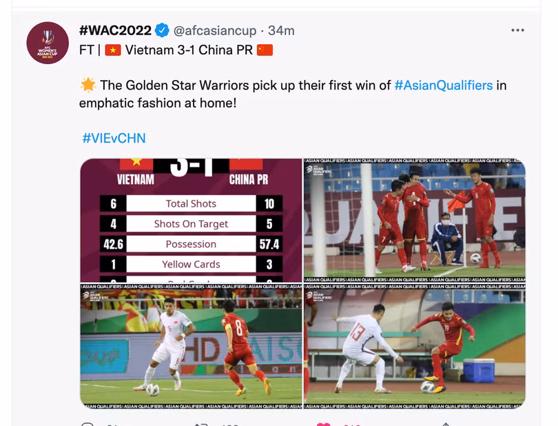 AFC ca ngợi chiến thắng của tuyển Việt Nam trước Trung Quốc AFC ca ngợi chiến thắng của tuyển Việt Nam trước Trung Quốc