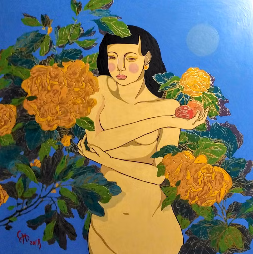 Trái cấm (sơn mài, 80x80) của họa sĩ Lê Anh Cẩn