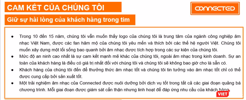 Cam kết của Connected Agency trong hồ sơ năng lực. Cam kết của Connected Agency trong hồ sơ năng lực.
