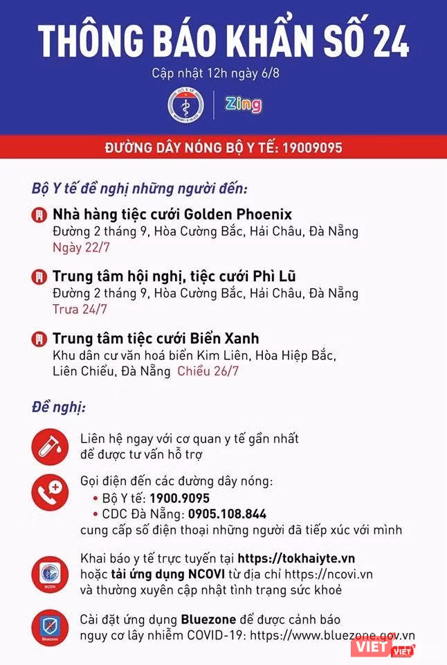 Thông báo khẩn số 24 tìm người đến 3 Trung tâm tiệc cưới (Ảnh: BYT) Thông báo khẩn số 24 tìm người đến 3 Trung tâm tiệc cưới (Ảnh: BYT)
